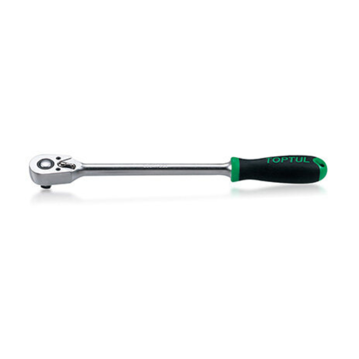 A TOPTUL ratchet screwdriver with a silver metal head and a black and green handle, shown against a plain white background.