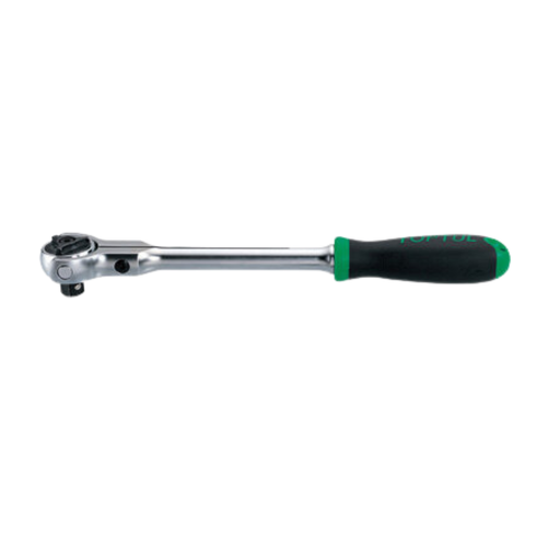 A Toptul torque wrench with a silver metal shaft and head, featuring a black and green ergonomic handle grip.