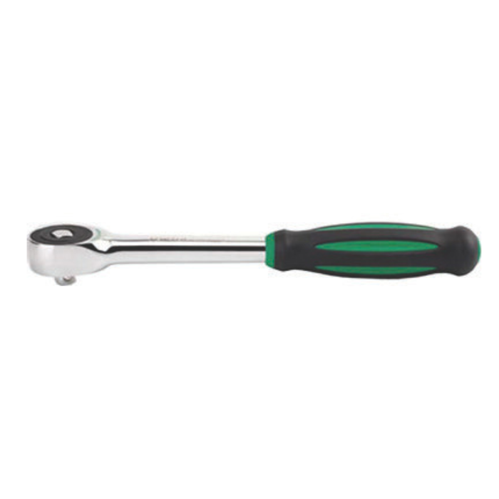 A chrome ratchet wrench with a black and green ergonomic handle, shown horizontally against a plain white background.