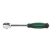 A chrome ratchet wrench with a black and green ergonomic handle, shown horizontally against a plain white background.