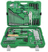 Green tool set with various tools in a case on a white background