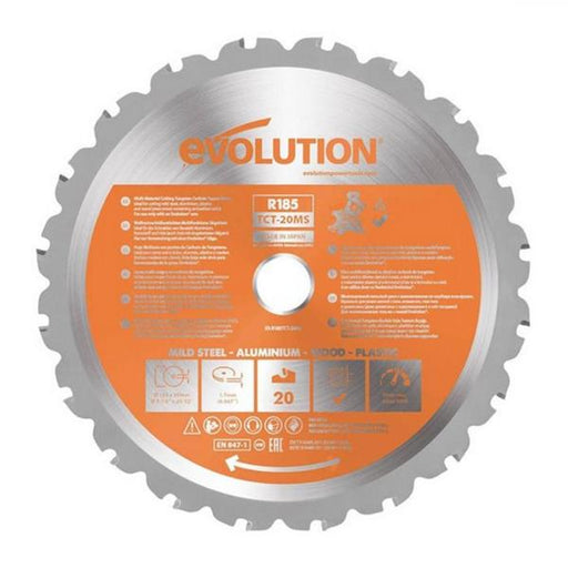 Circular saw blade with 'Evolution' branding on an orange label