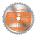 Circular saw blade with 'Evolution' branding on an orange label