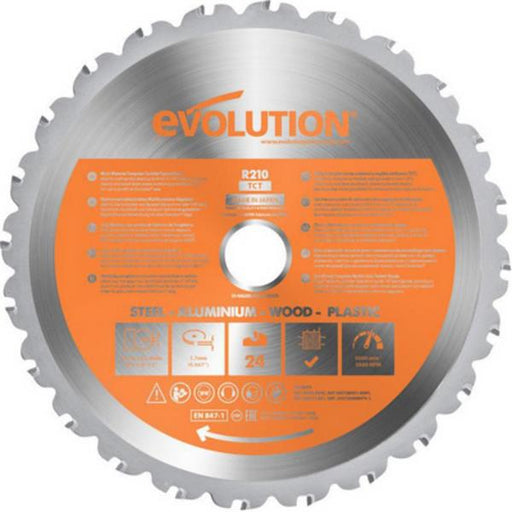 Circular saw blade with 'Evolution' branding and product specifications on an orange label.