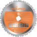 Circular saw blade with 'Evolution' branding and product specifications on an orange label.