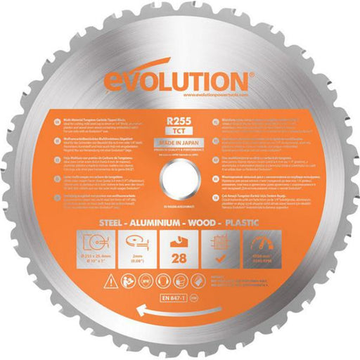 Circular saw blade with 'Evolution' branding on an orange label