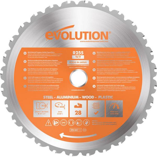 Circular saw blade with 'Evolution' branding on an orange label