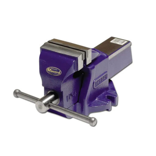 A purple record bench vise with silver metal jaws and a silver handle, shown on a plain white background.