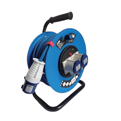 Blue cable reel with cable on a white background