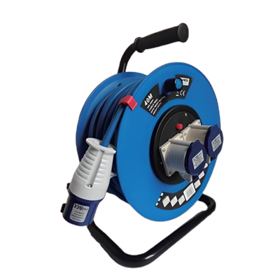 Blue electrical reel with a black handle and stand, featuring a white and blue power plug and coiled cable, isolated on a white background.