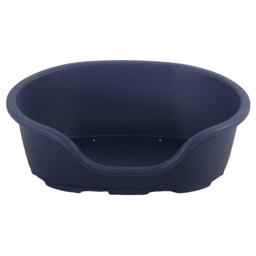a dark navy plastic dog bed