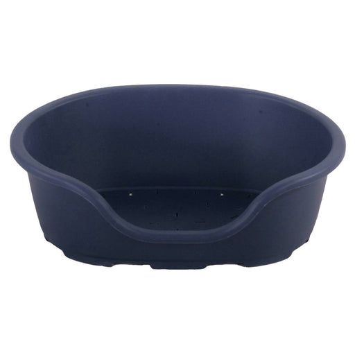 navy blue plastic dog bed on a white background