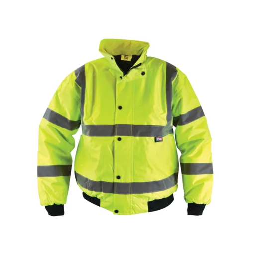 A high-visibility neon yellow jacket with reflective gray stripes on the chest, sleeves, and lower hem, featuring a black snap-button front and black ribbed cuffs.