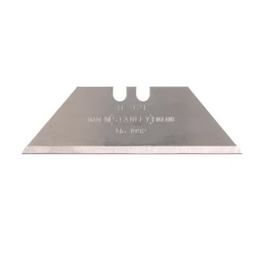 A square metal blade or plate with a double cutout at the top and engraved text, shown on a plain white background.