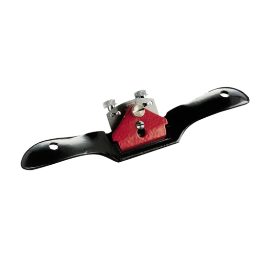 Woodworking plane tool with black handle and red base on a white background