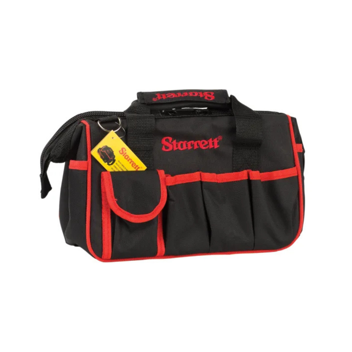 A black Starrett tool bag with red trim and red embroidered logo, featuring multiple utility pockets and a yellow hanging tag, shown on a plain white background.