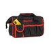 A black Starrett tool bag with red trim and red embroidered logo, featuring multiple utility pockets and a yellow hanging tag, shown on a plain white background.
