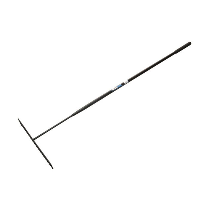 A long-handled tarmac rake with a black metal head and shaft, shown diagonally on a plain white background.
