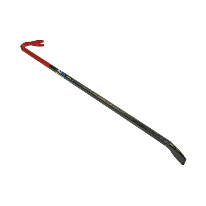 A long-handled crowbar with a red curved top and a dark gray to black shaft, shown diagonally on a plain white background.