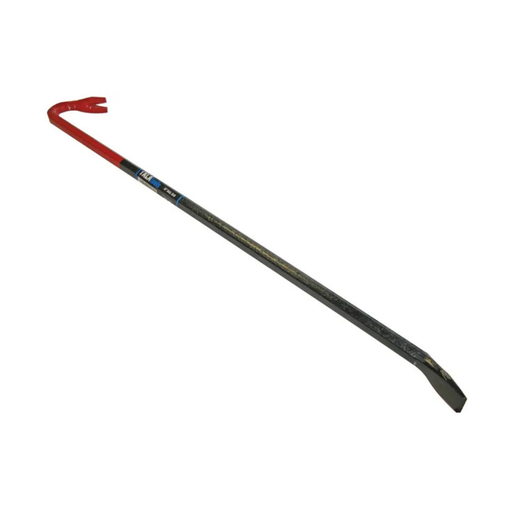 A long metal crowbar with a red curved handle and a dark gray shaft, shown diagonally on a plain white background.