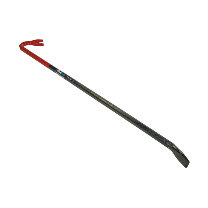 A long metal crowbar with a red curved handle and a dark gray shaft, shown diagonally on a plain white background.