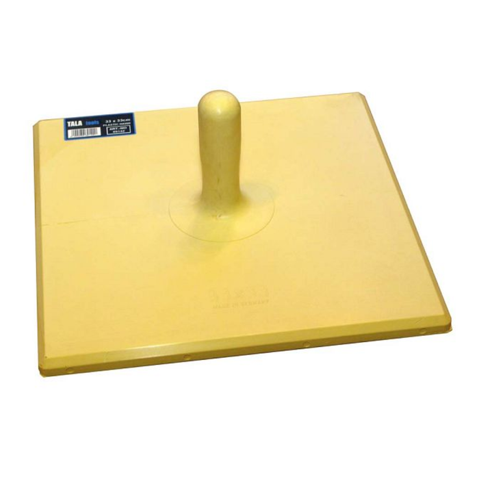 Yellow plastering tool with a square head and cylindrical handle on a white background