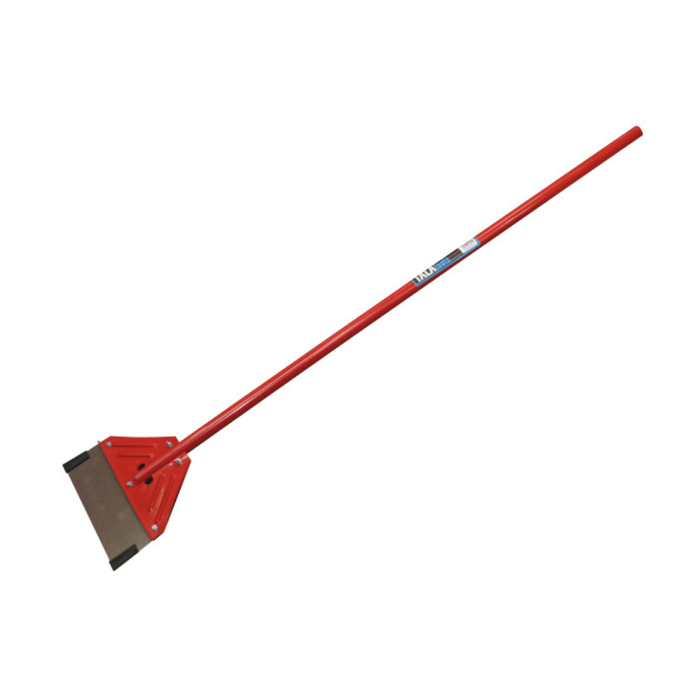 A red metal snow shovel with a long handle and a wide triangular scoop blade, shown diagonally on a plain white background.