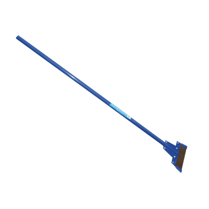 A long-handled blue metal scraper   shown diagonally on a plain white background.