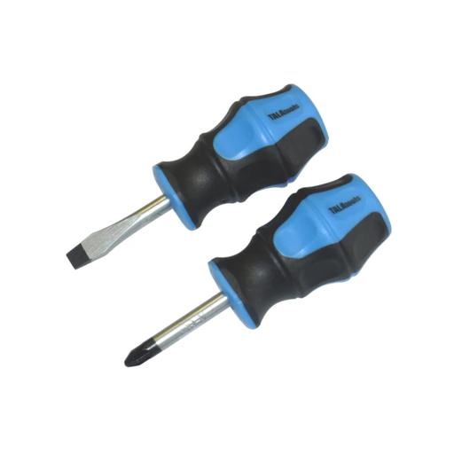 Two stubby screwdrivers with blue and black handles on a white background