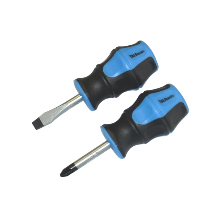 Two stubby screwdrivers with blue and black handles on a white background