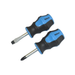 Two stubby screwdrivers with blue and black handles on a white background