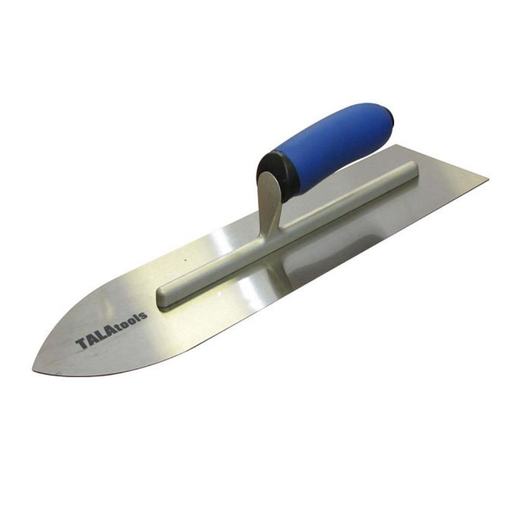 Metal trowel with blue handle on a white background