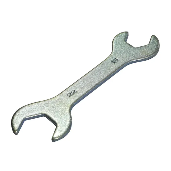 Metal double-ended compression fitting spanner on a white background