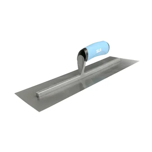 Metal trowel with a blue handle on a white background