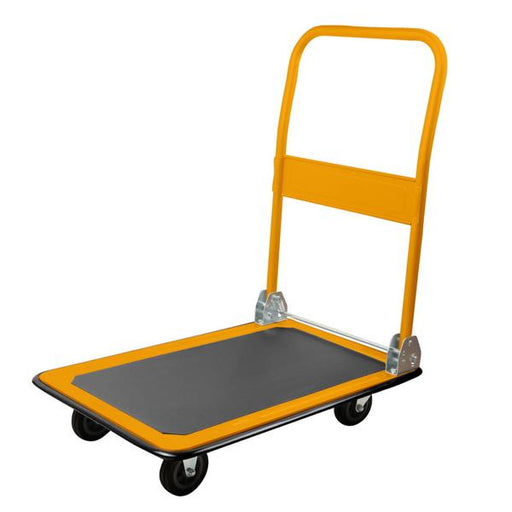 Yellow hand truck with a gray platform on a white background