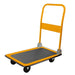 Yellow hand truck with a gray platform on a white background
