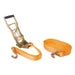 An orange webbed ratchet strap with metal hooks, shown partially extended with the hand-tightening handle on the left and the fully tightened strap on the right, against a plain white background.