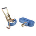 Ratchet strap with blue webbing and metal ratchet handle on a white background