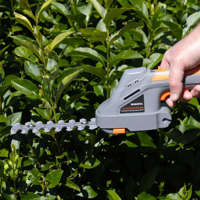 Terratek Cordless Hedge Trimmer | 7.2V 2-in-1 Battery Hedge Cutter