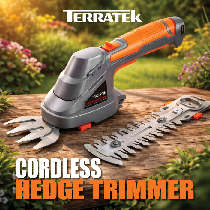 Terratek Cordless Hedge Trimmer | 7.2V 2-in-1 Battery Hedge Cutter