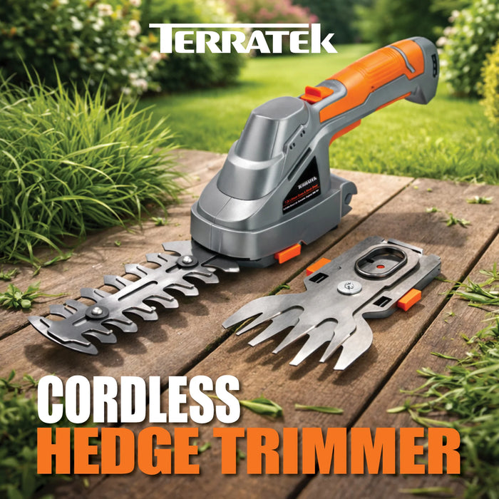 Terratek Cordless Hedge Trimmer | 7.2V 2-in-1 Battery Hedge Cutter