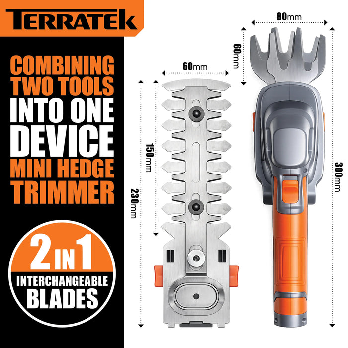 Terratek Cordless Hedge Trimmer | 7.2V 2-in-1 Battery Hedge Cutter