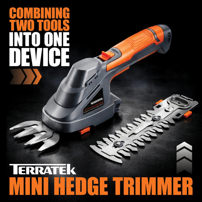 Terratek Cordless Hedge Trimmer | 7.2V 2-in-1 Battery Hedge Cutter