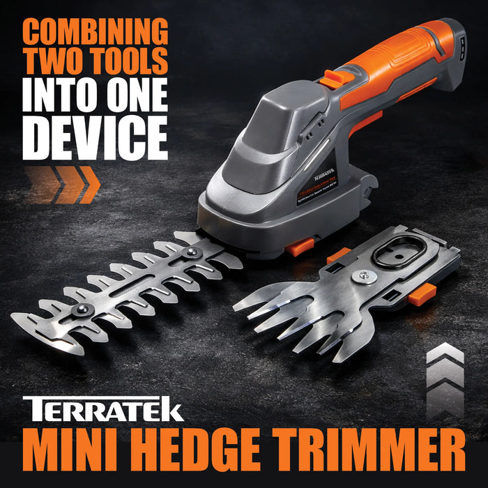 Terratek Cordless Hedge Trimmer | 7.2V 2-in-1 Battery Hedge Cutter