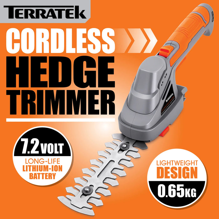 Terratek Cordless Hedge Trimmer | 7.2V 2-in-1 Battery Hedge Cutter