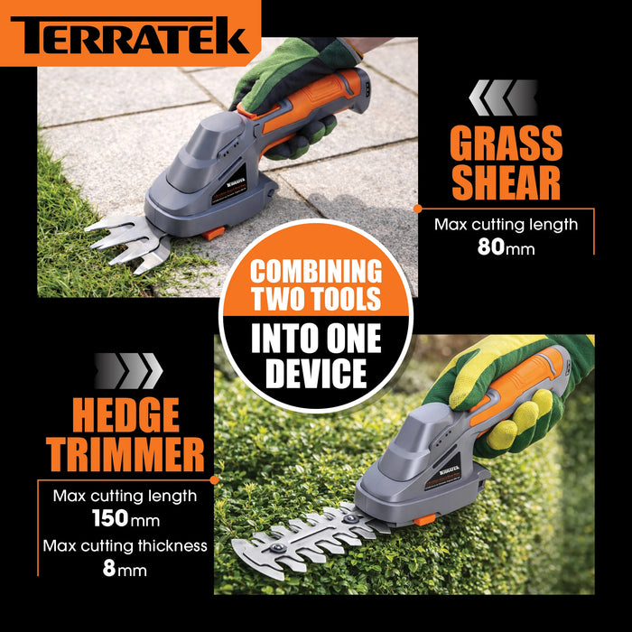 Terratek Cordless Hedge Trimmer | 7.2V 2-in-1 Battery Hedge Cutter