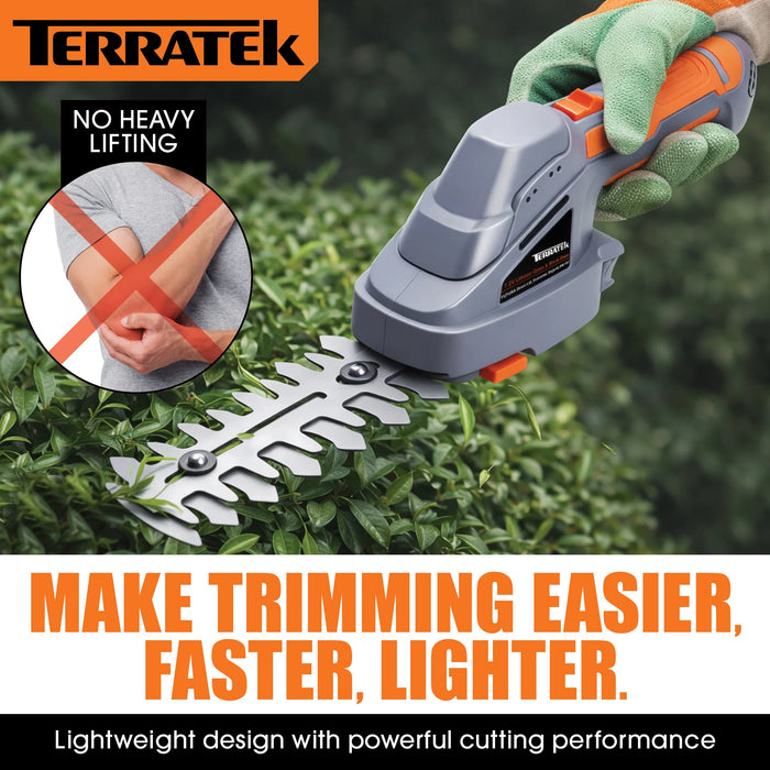 Terratek Cordless Hedge Trimmer | 7.2V 2-in-1 Battery Hedge Cutter