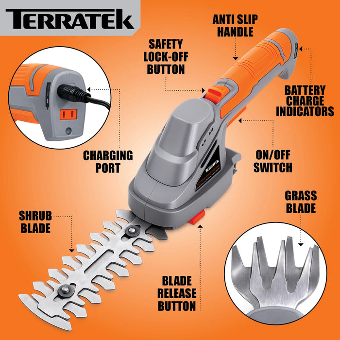 Terratek Cordless Hedge Trimmer | 7.2V 2-in-1 Battery Hedge Cutter