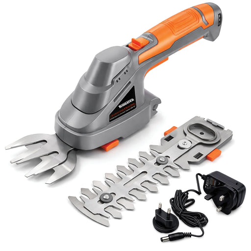 electric hedge trimmer with accessories on a white background