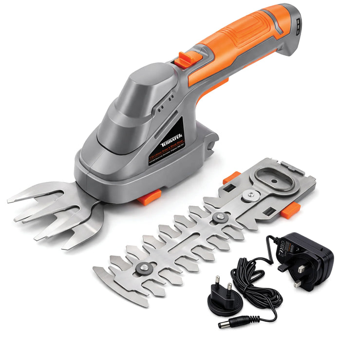 electric hedge trimmer with accessories on a white background